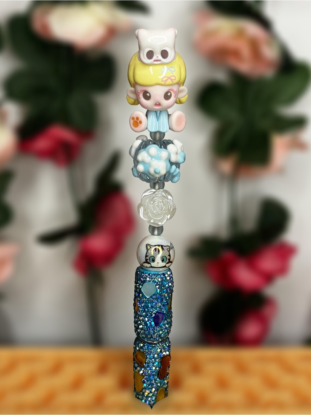Handmade Rhinestone Beaded Pen with Coquette Stay With Pitty All Day Topper